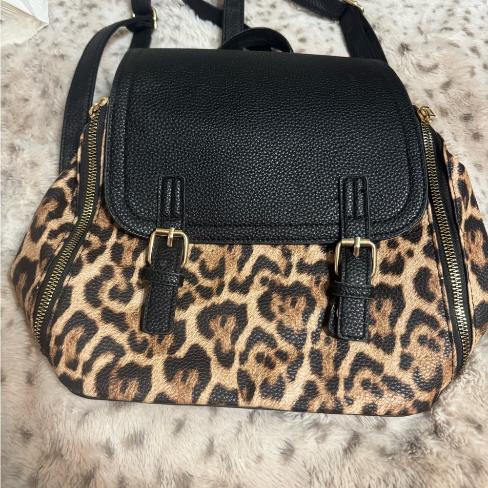 Leopard Print Black Leather Women's Bag
